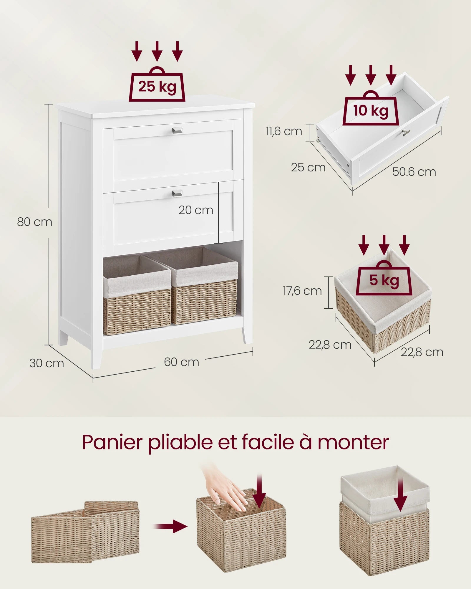 Meuble blanc avec séparateur réglable et paniers