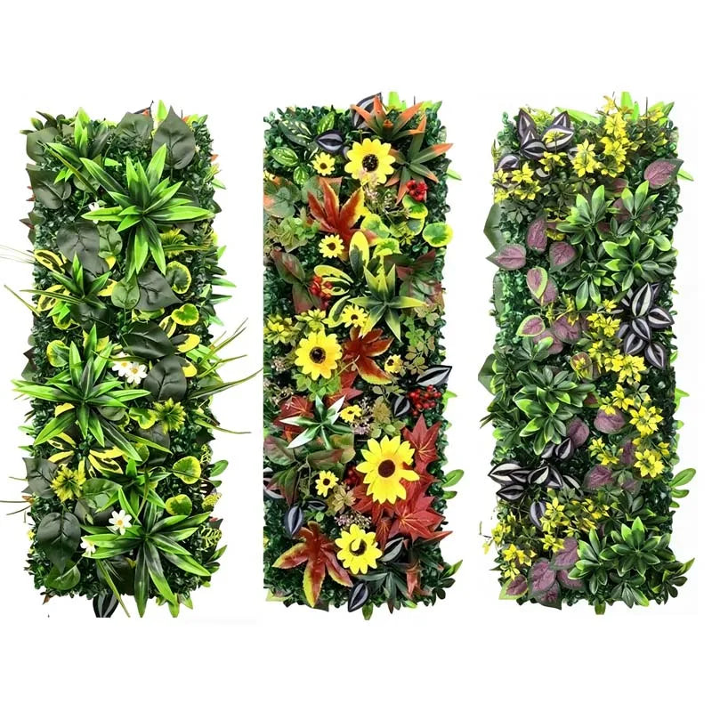 décoration murale panneau végétal artificiel feuilles fleurs moderne intérieur vert jaune rouge blanc