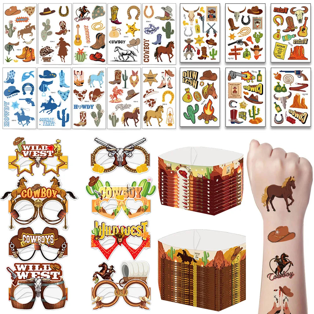 fournitures fête anniversaire enfants stickers autocollants lunettes western boîtes friandises guirlande chevaux