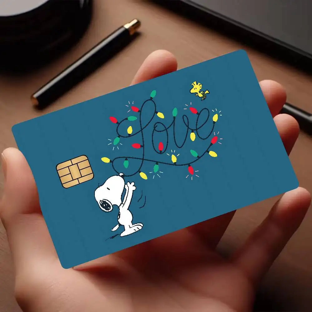 autocollant carte credit snoopy happy holidays bleu marine moderne