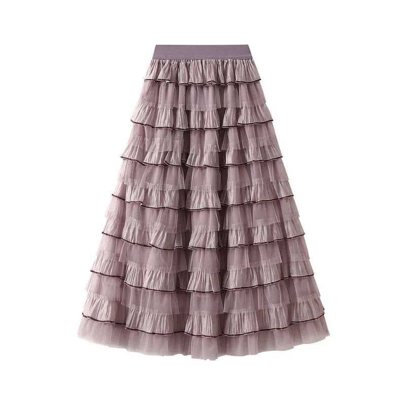 jupe mi mollet polyester vintage rayures horizontales romantique beige clair rose pâle gris marron
