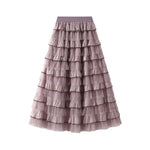 jupe mi mollet polyester vintage rayures horizontales romantique beige clair rose pâle gris marron