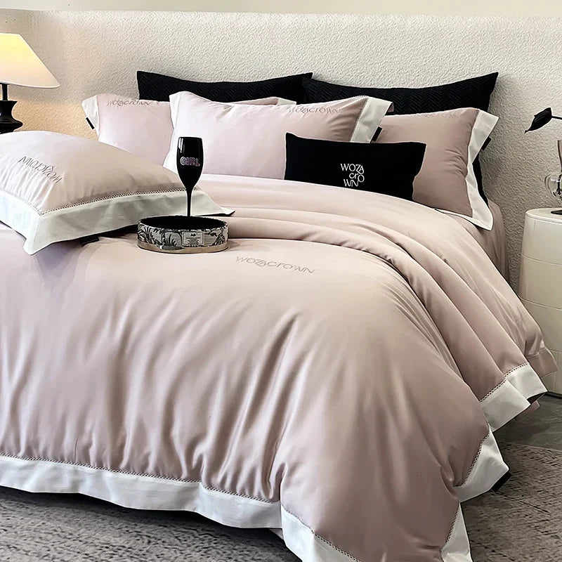 parure lit luxe coton lyocell satiné housse couette drap plat taies oreillers blanc