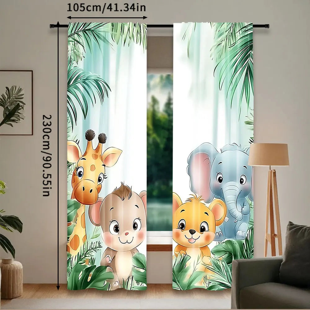 rideau animaux jungle girafe éléphant singe lion vert bleu beige orange gris illustration moderne