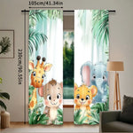 rideau animaux jungle girafe éléphant singe lion vert bleu beige orange gris illustration moderne