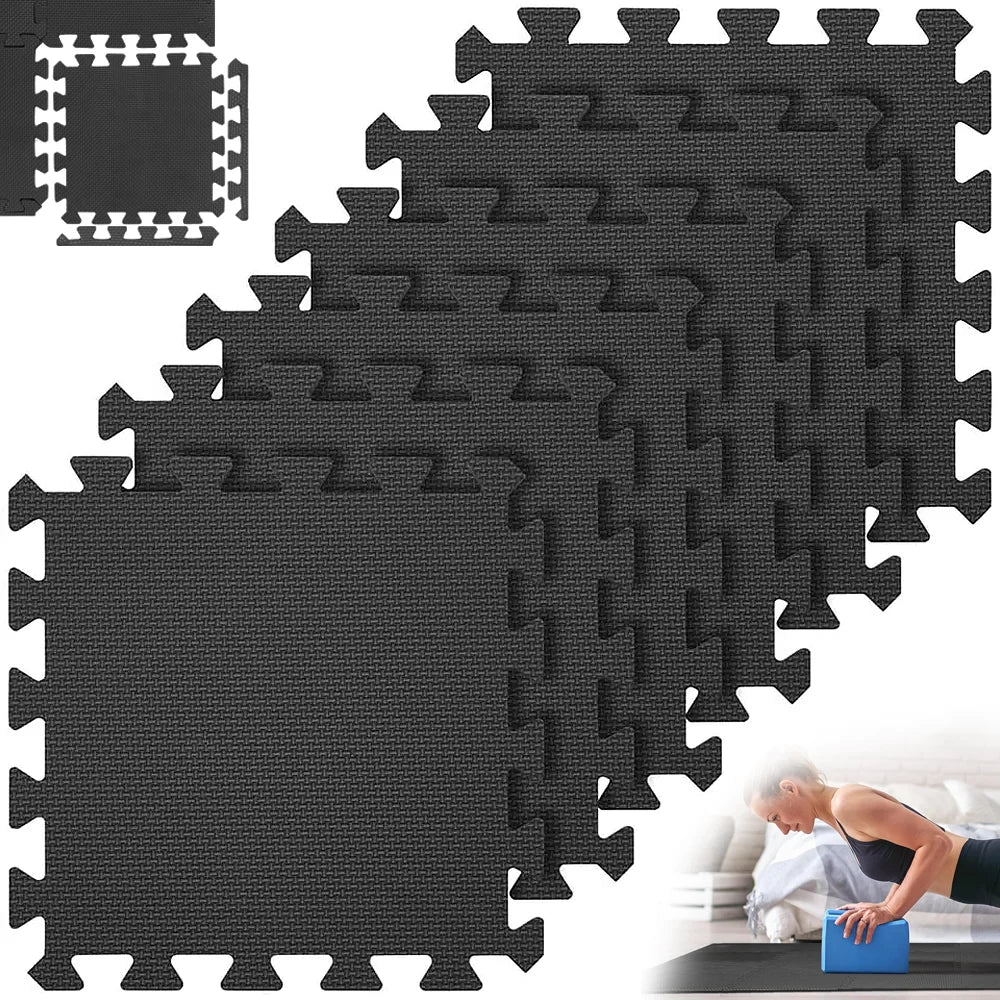 tapis sol noir puzzle géométrique moderne 30x30cm pack 16 pièces relaxation massage