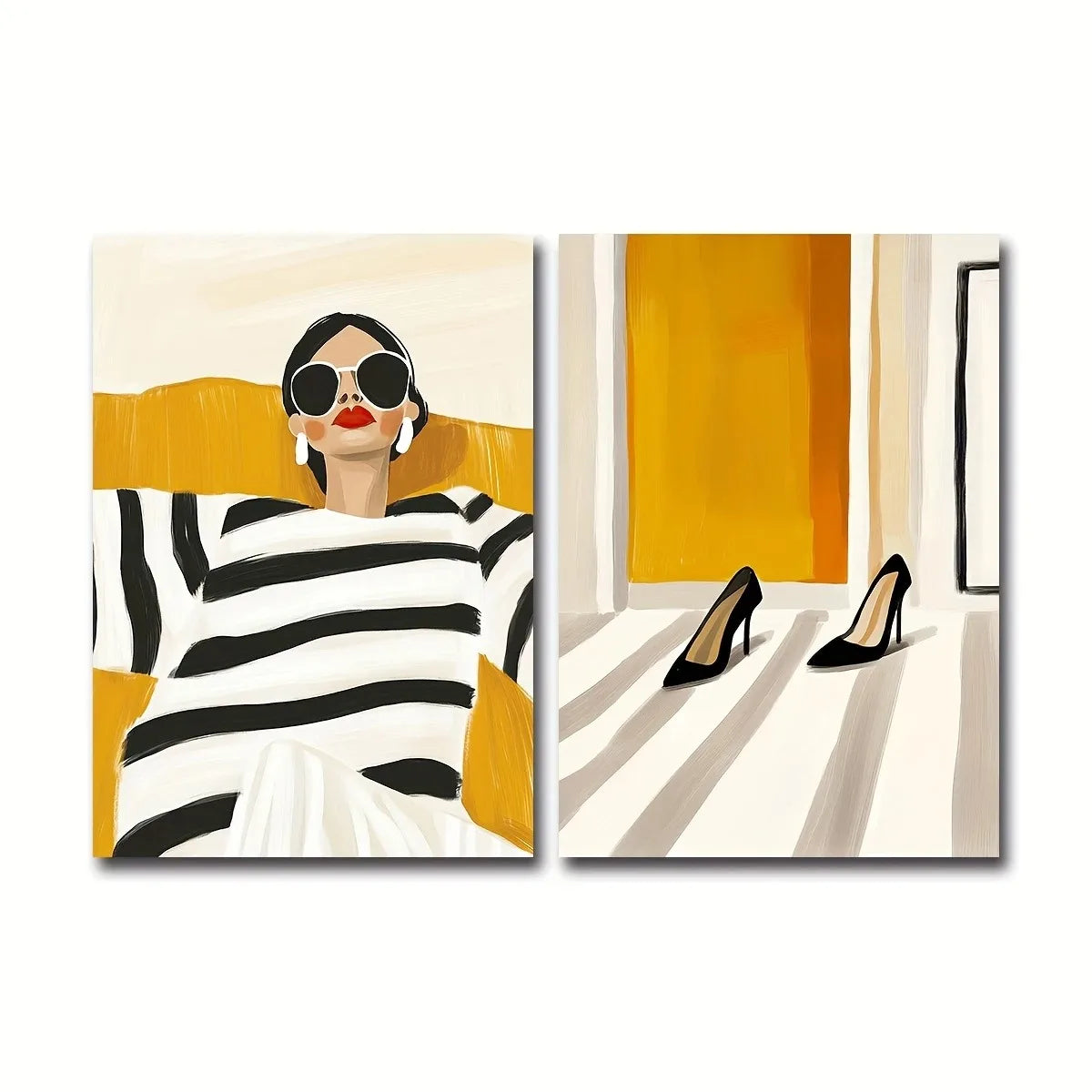 toile d'art moderne abstraite femme talons rayures noires blanches fond jaune 20x30cm 30x40cm 40x60cm