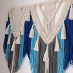 tapisserie macramé boho blanc gris bleu orange motifs géométriques franges crochet chambre