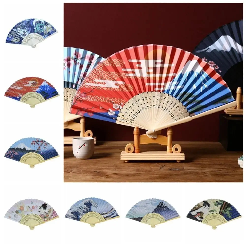 ventilateur pliant éventail traditionnel art japonais paysages fleurs rouge blanc bleu
