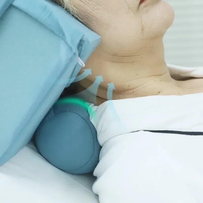 appui tête bleu clair coussins oreillers ceinture réglable poches ergonomique personnes alitées maintien position