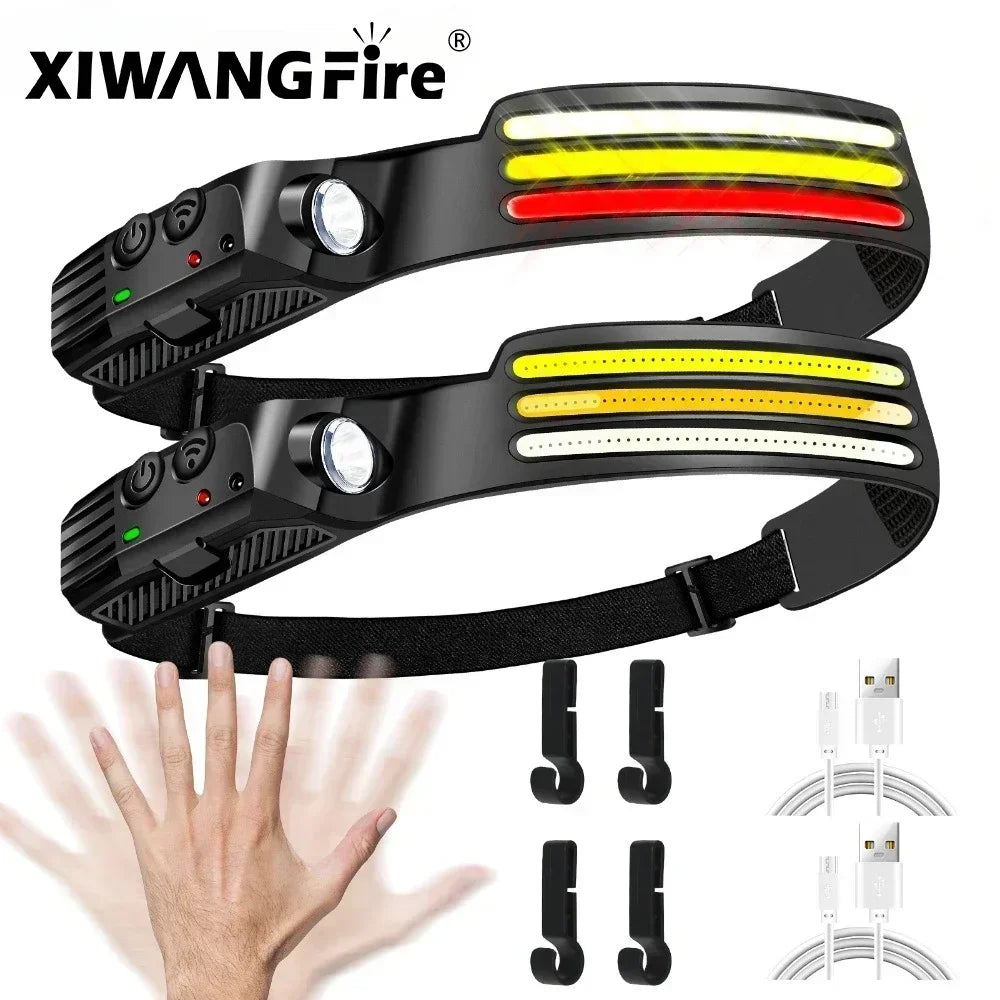 lampe frontale rechargeable led noir jaune blanc rayures moderne compact ceinture camping