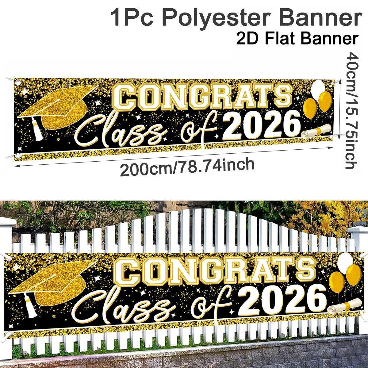 bannière célébration diplômes noir doré confettis guirlande lumineuse clips décoration événement festive