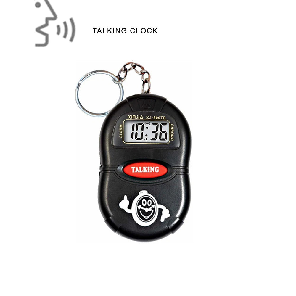 horloge parlante réveil numérique horaire carillon timer visage souriant boutons rouges moderne compact anneaux