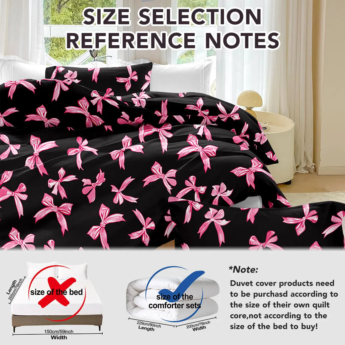 housse couette motif noeuds rose fond noir ensemble literie moderne deux taies oreillers polyester