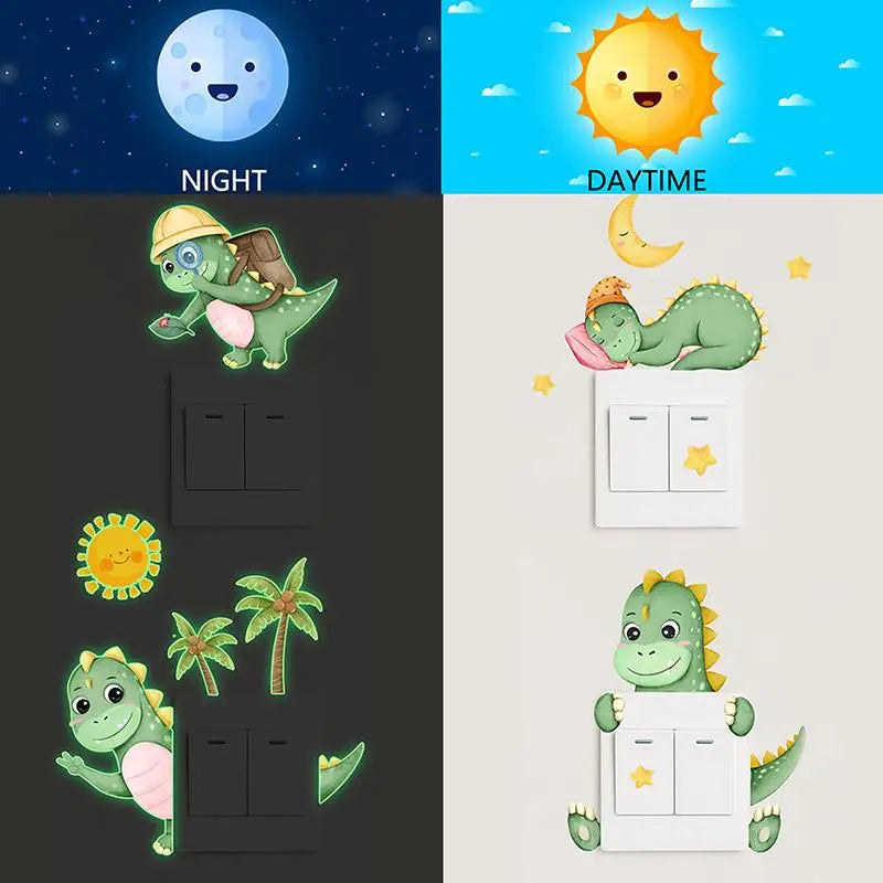 stickers mural lumineux dinosaures palmiers soleil lune étoiles floral cartoon adhésif chambre salon vert