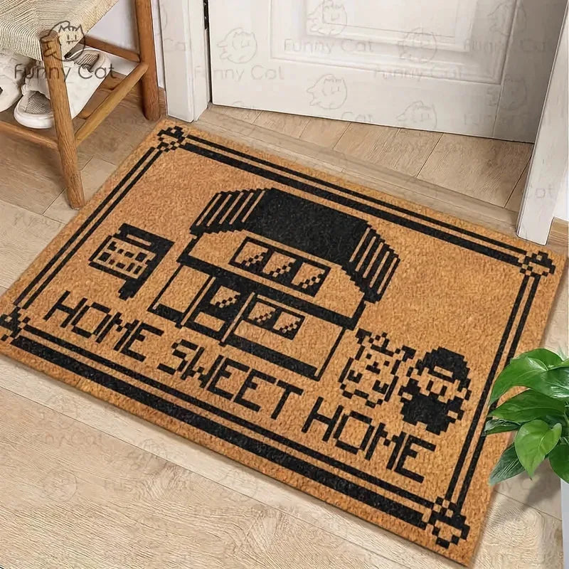 tapis d'entrée marron clair motif maison fenêtres texte SWEET moderne extérieur porte floral