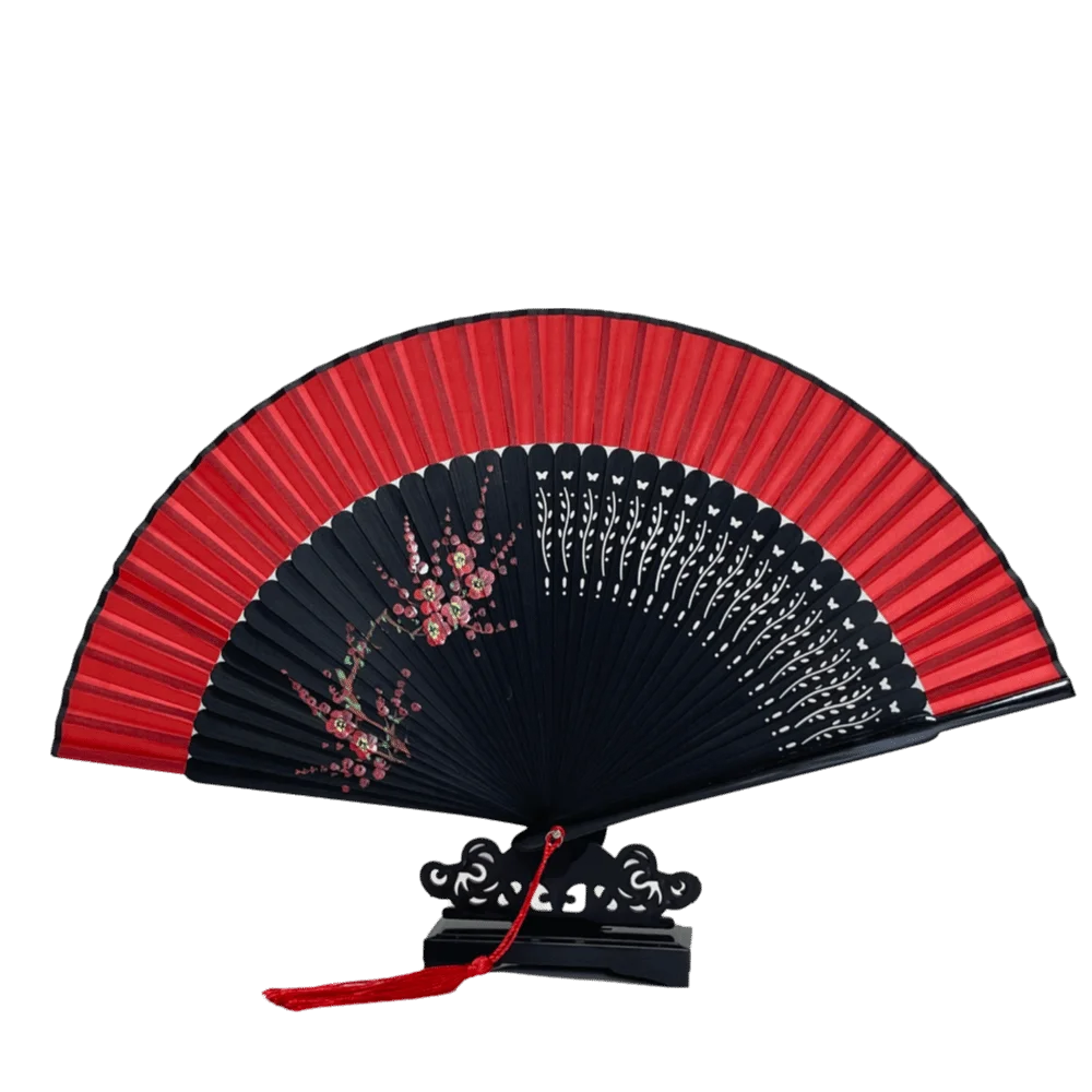 éventail traditionnel rose clair vert noir rayures géométriques opacité pliant bambou tissu pompon rouge