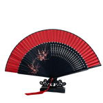 éventail traditionnel rose clair vert noir rayures géométriques opacité pliant bambou tissu pompon rouge