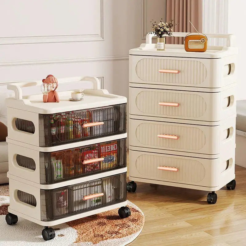 meuble rangement mobile tiroirs roulettes beige clair rayures horizontales moderne