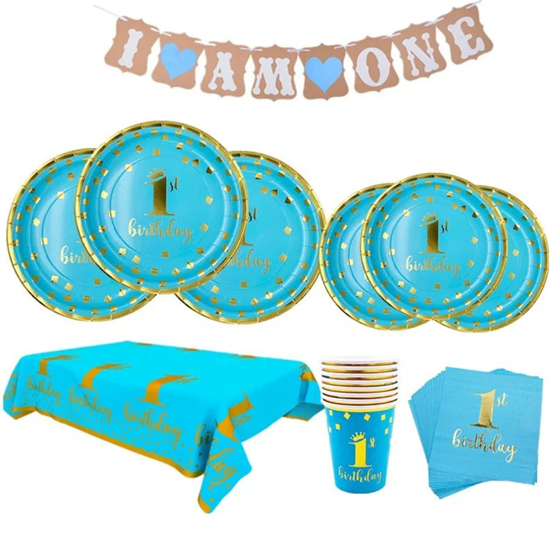assiettes bleu clair anniversaire 1er anniversaire doré festif serviettes gobelets napkin tablecloth set festivités