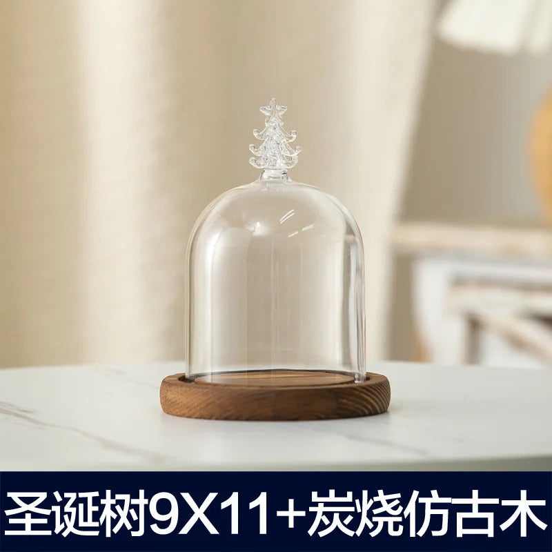 cloche verre transparent base bois bougie parfumée pinçon décoratives