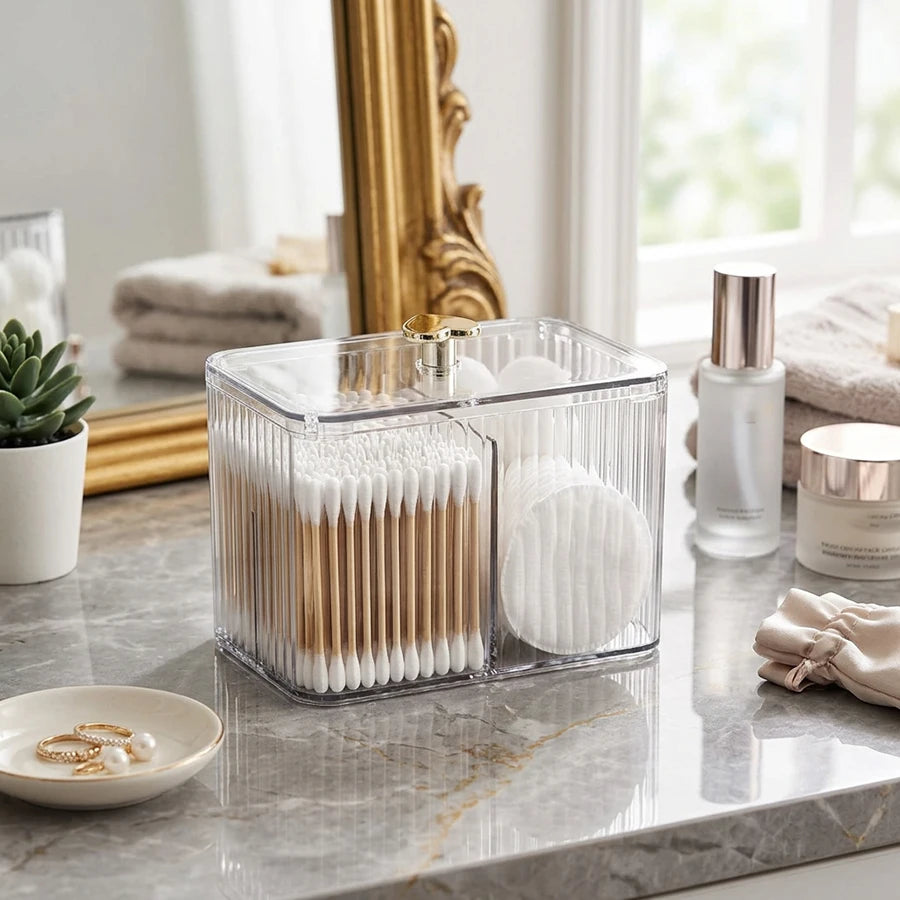 organisateur cosmétiques moderne transparent compartiments rangement coton tiges cotons hydrophiles pinceaux maquillage élégant multifonctionalitéreuse