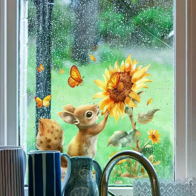 autocollant mural rustique écureuil tournesol aquarelle opaque animaux fleurs papillons réaliste adhésif marron beige