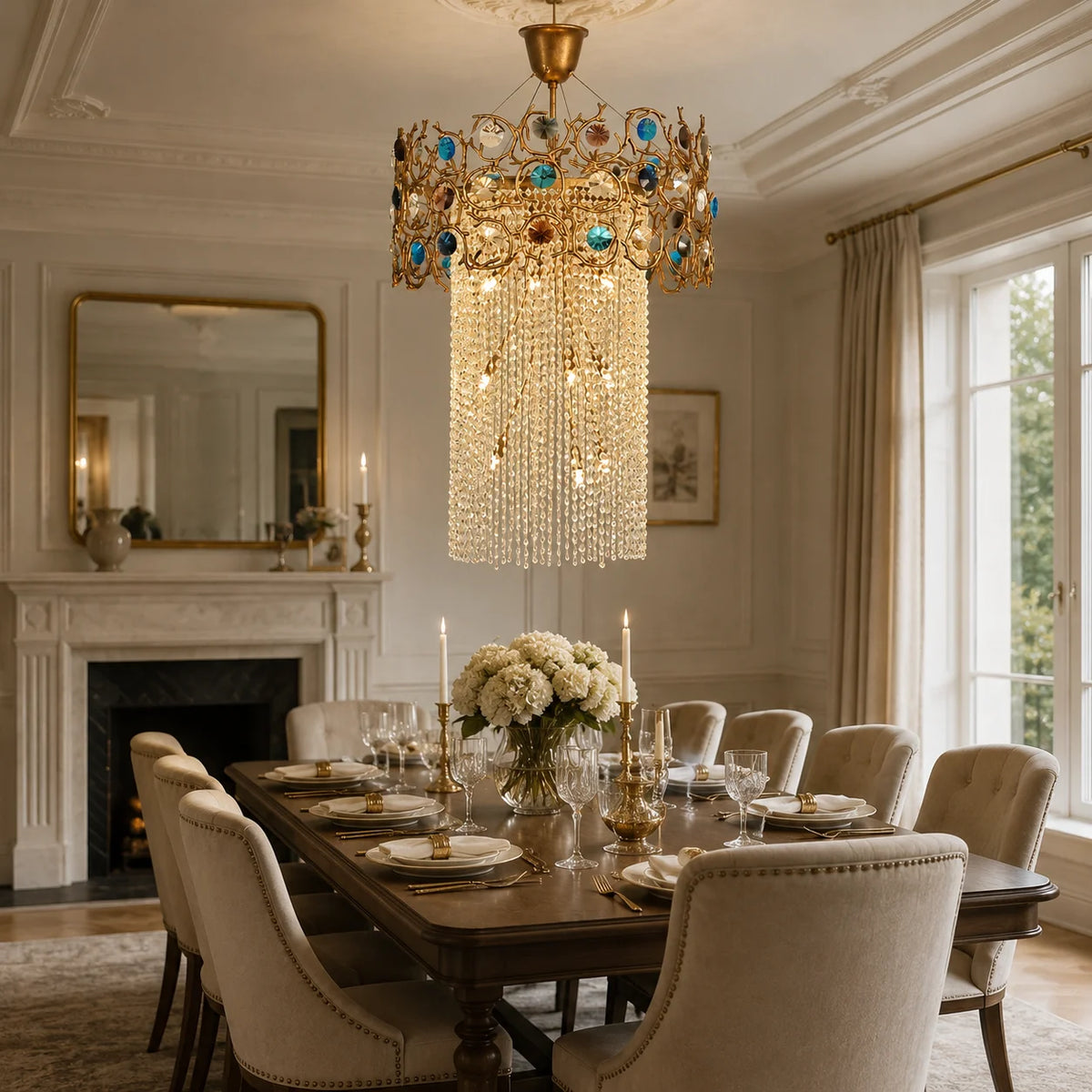 lustre moderne cristal art déco doré bleu rose blanc branches stylisées salon chambre couloir