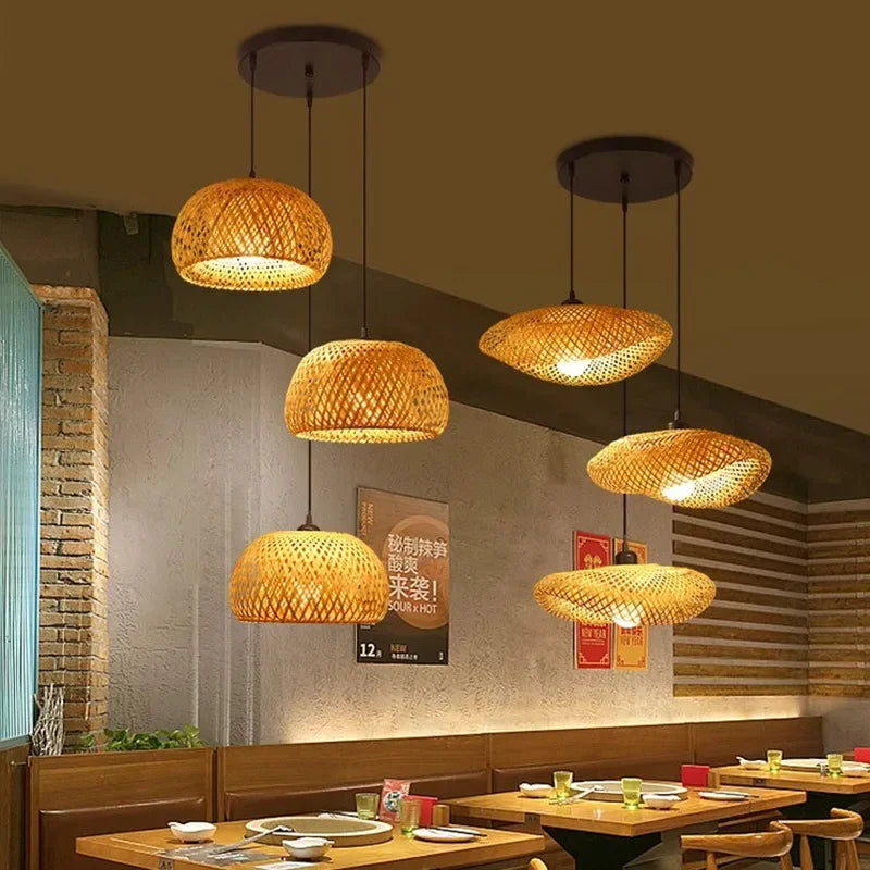 suspension lumineuse moderne bambou tissage beige doré fixe passe câble noir