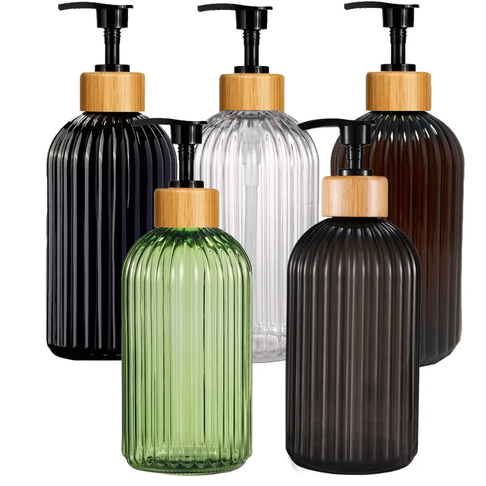 flacons savon liquide 500ml noir transparent vert olive marron rayures moderne pompe bois