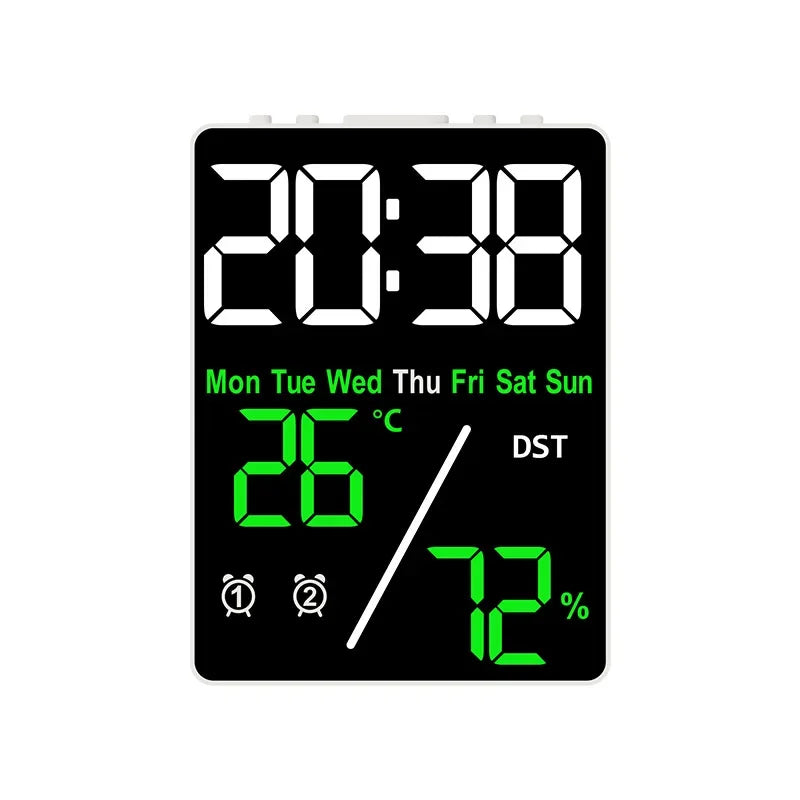 horloge numérique moderne affichage heure jour température humidité alarme rechargeable noir blancécran led
