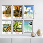 Ensemble de six affiches touristiques représentant différentes vues panoramiques de Guadeloupe, notamment La Caravelle, Les Grands Fonds, la Plage de Bois Jolan, Les Saintes, une fleur de bananier et le Grand Cul-de-Sac Marin.