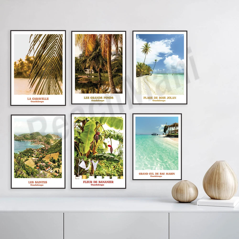 Ensemble de six affiches touristiques représentant différentes vues panoramiques de Guadeloupe, notamment La Caravelle, Les Grands Fonds, la Plage de Bois Jolan, Les Saintes, une fleur de bananier et le Grand Cul-de-Sac Marin.