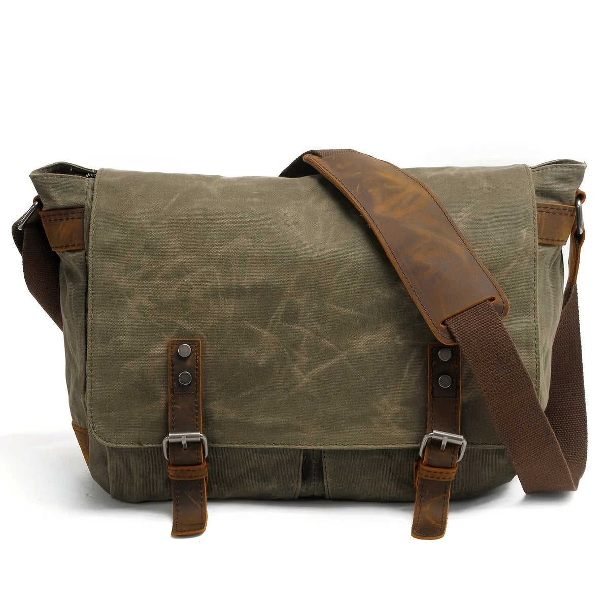 sac bandoulière toile grunge vintage vert olive marron clair boucles métalliques poches intérieures doux