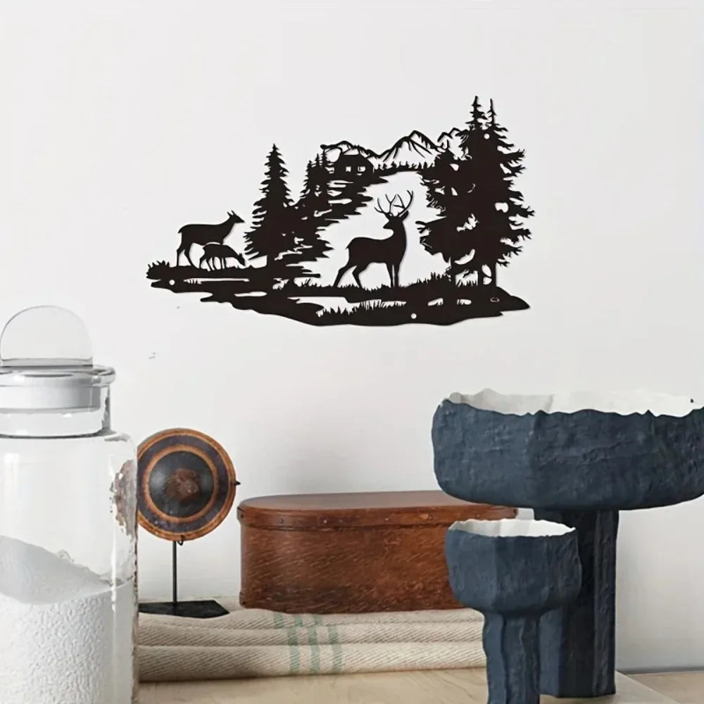 décoration murale silhouette animaux cerf arbre montagne noire moderne minimaliste artística maison