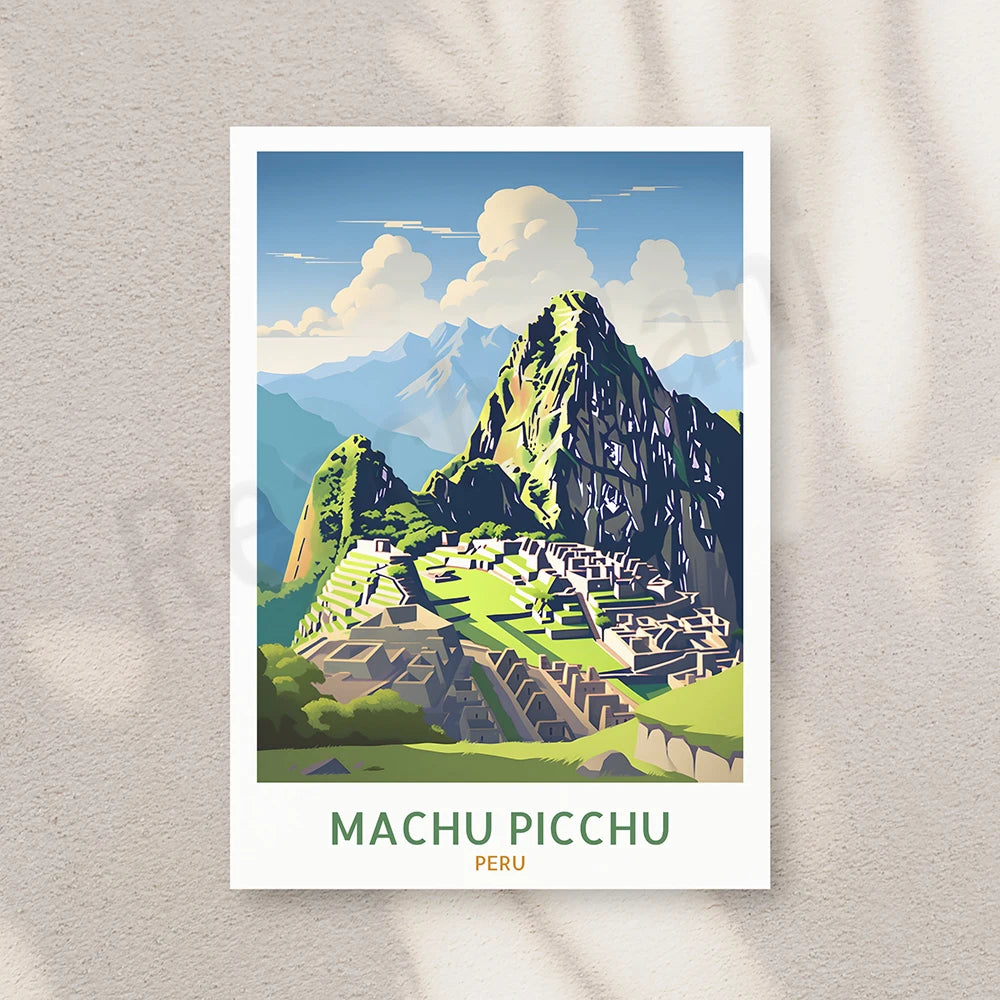 Une vue panoramique de l'imposante cité inca de Machu Picchu, nichée dans les montagnes verdoyantes du Pérou.