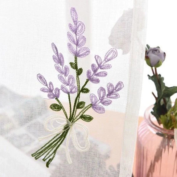 rideau transparent brodé lavande fleurs classique blanc violet vert anneaux métalliques polyester