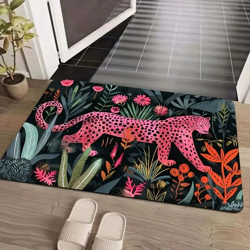 tapis moderne léopard fleurs antidérapant rose noir entrée salle bain porche