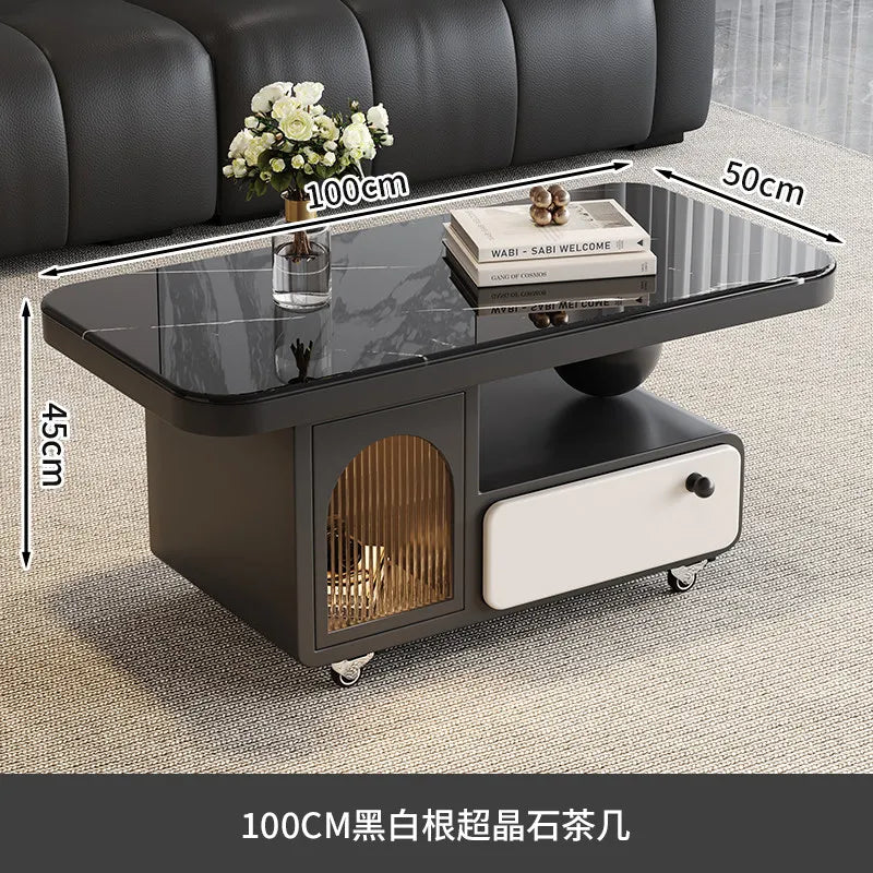 table basse moderne marbre noir tiroir roulette salon minimaliste italien