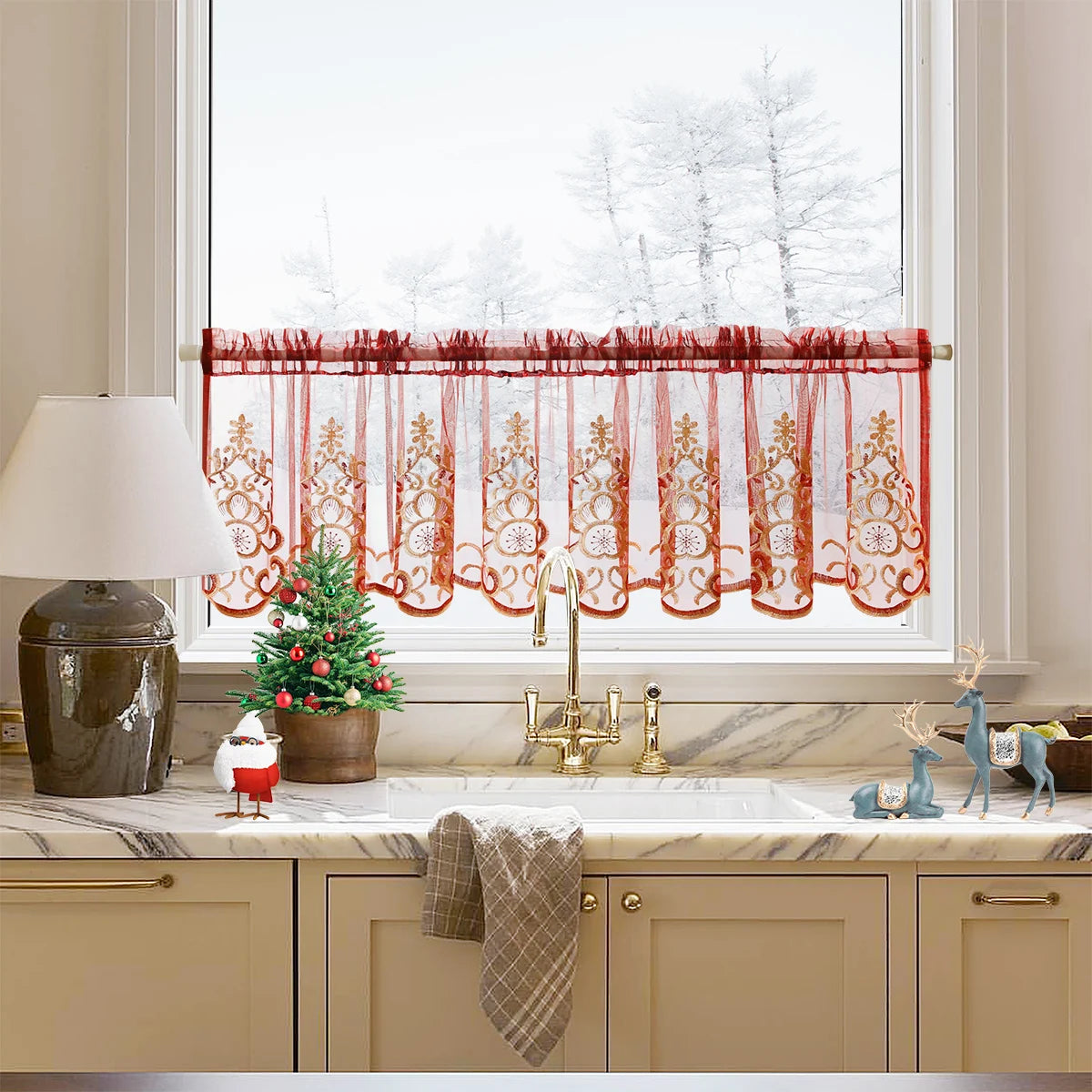 rideau rouge brodé transparent classique fenêtre cuisine polyester