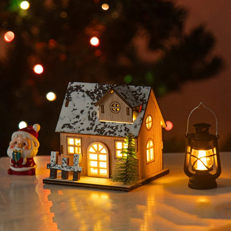 miniatures maison bois lumineuses décoration noël figurines santas trains étoiles dorées vintage