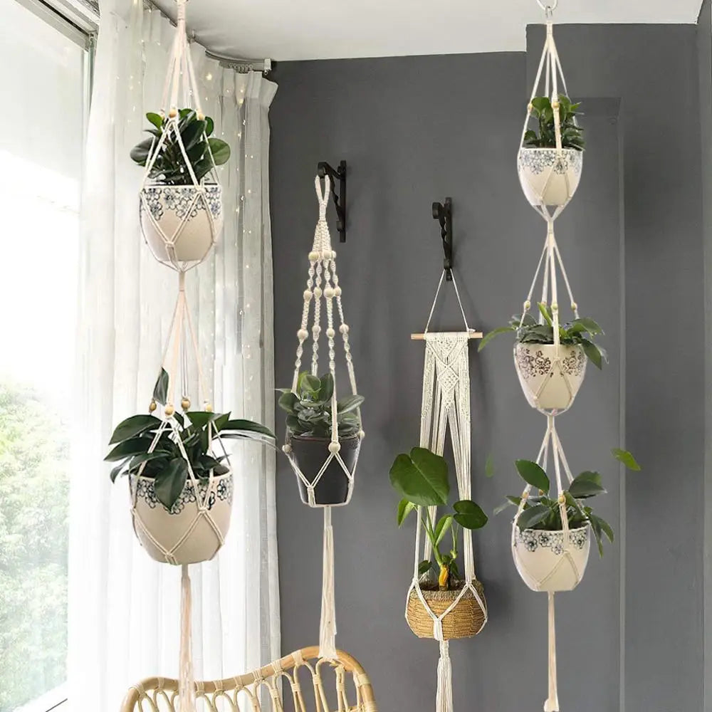 support plante suspendu macramé boho artisanal blanc beige orange tissé oeilletsextérieur exposition arbres