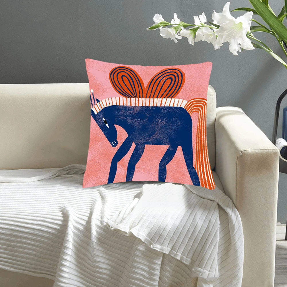 housse coussin décoratif abstraite cheval insecte rose bleu orange moderne 45x45cm polyester fermure éclair