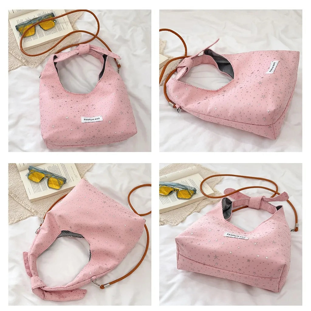 sac main femme rose clair étoiles dorées doux moderne casual tote toile