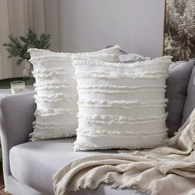 housses coussins boho chic beige franges opacité jacquard respectueux environnement non toxique moderne canapé