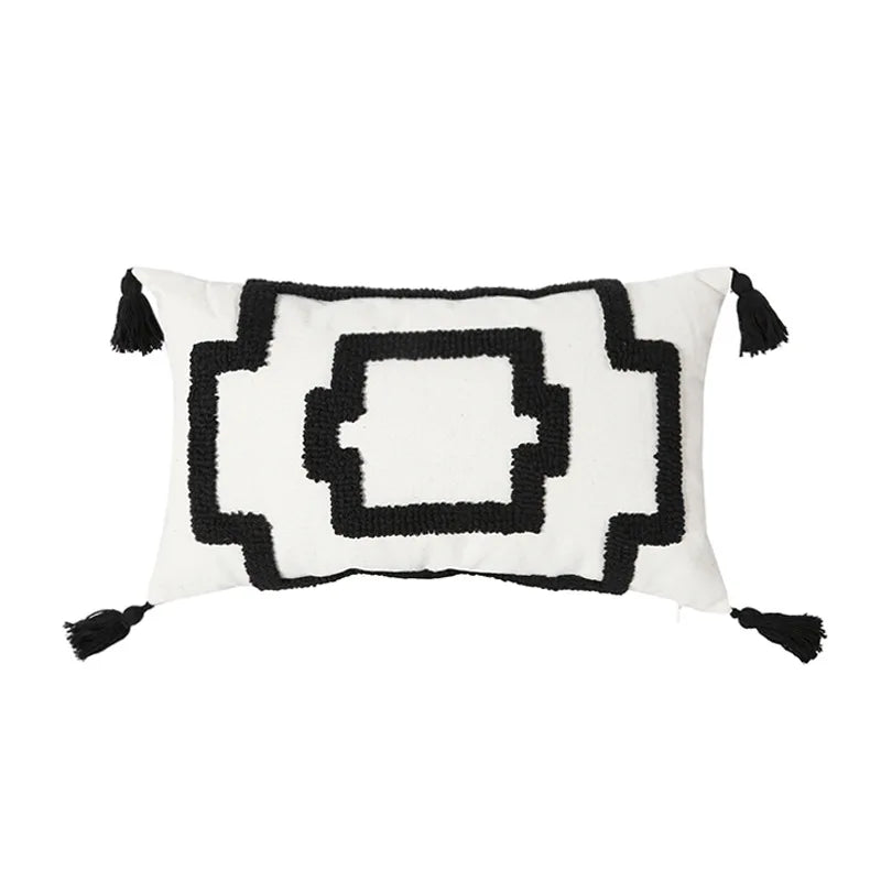 coussin carré boho blanc motif géométrique noir tassel brodé anti décubitus polyester