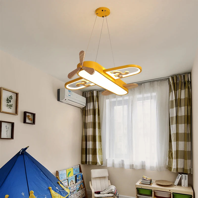 lampe suspendue avion forme bois bleu doré moderne chambre enfant interrupteur tactile