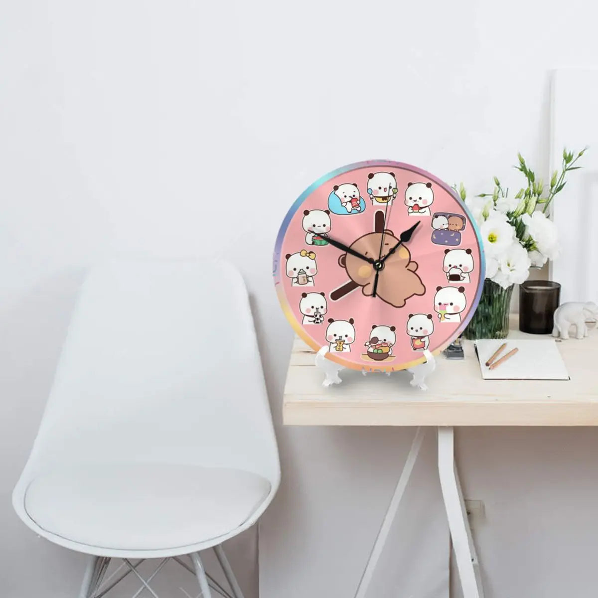 horloge murale panda mignonne horaire quartz pvc rose clair cartoon chambre enfants decoration ornement