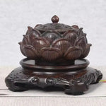 supports décoration bois sculpté artisanal traditionnel marron foncé fleurs vases bouddhas encens plantes bonsaï