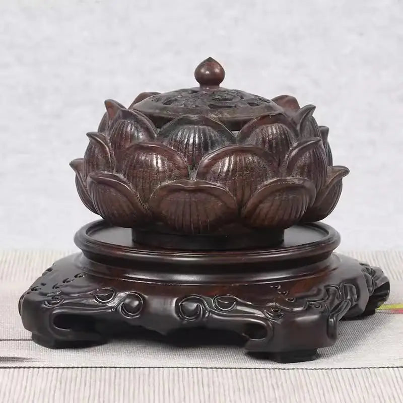 supports décoration bois sculpté artisanal traditionnel marron foncé fleurs vases bouddhas encens plantes bonsaï
